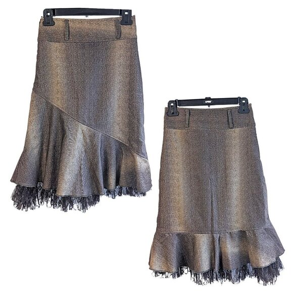Vintage Y2K Steampunk Boho Asymmetrical Low Rise Lace Ruffle Midi Skirt Sz S - Picture 1 of 7